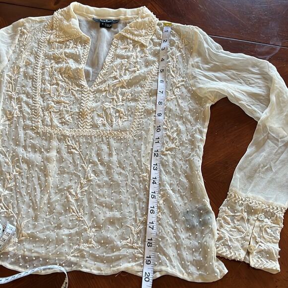 ECI Cream Silk Beaded Blouse Sheer Fancy Woman Size Small Boho Fairy - Picture 10 of 10